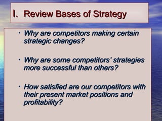 1414
I.I. Review Bases of StrategyReview Bases of Strategy
• Why are competitors making certainWhy are competitors making certain
strategic changes?strategic changes?
• Why are some competitors’ strategiesWhy are some competitors’ strategies
more successful than others?more successful than others?
• How satisfied are our competitors withHow satisfied are our competitors with
their present market positions andtheir present market positions and
profitability?profitability?
 