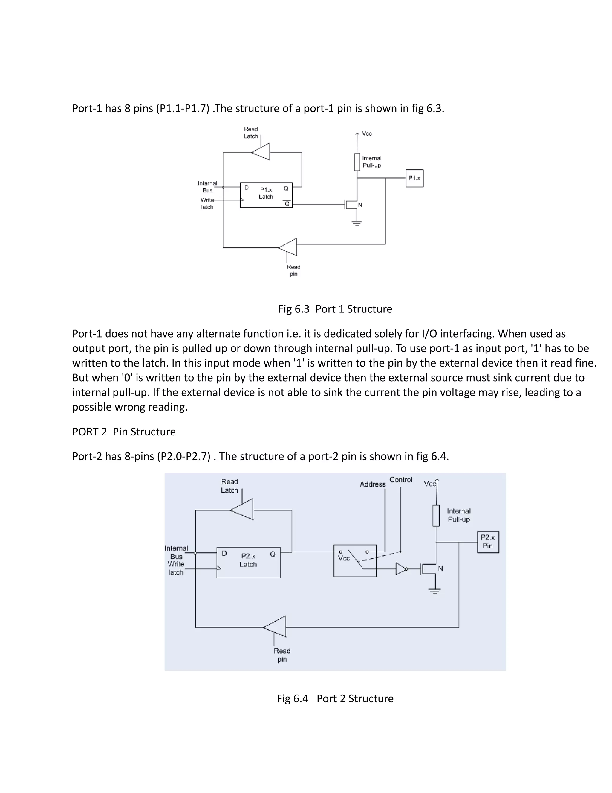 Port-1 has 8 pins (P1.1-P1.7) .The structure of a port-1 pin is shown in fig 6.3.
Fig 6.3 Port 1 Structure
Port-1 does not have any alternate function i.e. it is dedicated solely for I/O interfacing. When used as
output port, the pin is pulled up or down through internal pull-up. To use port-1 as input port, '1' has to be
written to the latch. In this input mode when '1' is written to the pin by the external device then it read fine.
But when '0' is written to the pin by the external device then the external source must sink current due to
internal pull-up. If the external device is not able to sink the current the pin voltage may rise, leading to a
possible wrong reading.
PORT 2 Pin Structure
Port-2 has 8-pins (P2.0-P2.7) . The structure of a port-2 pin is shown in fig 6.4.
Fig 6.4 Port 2 Structure
 