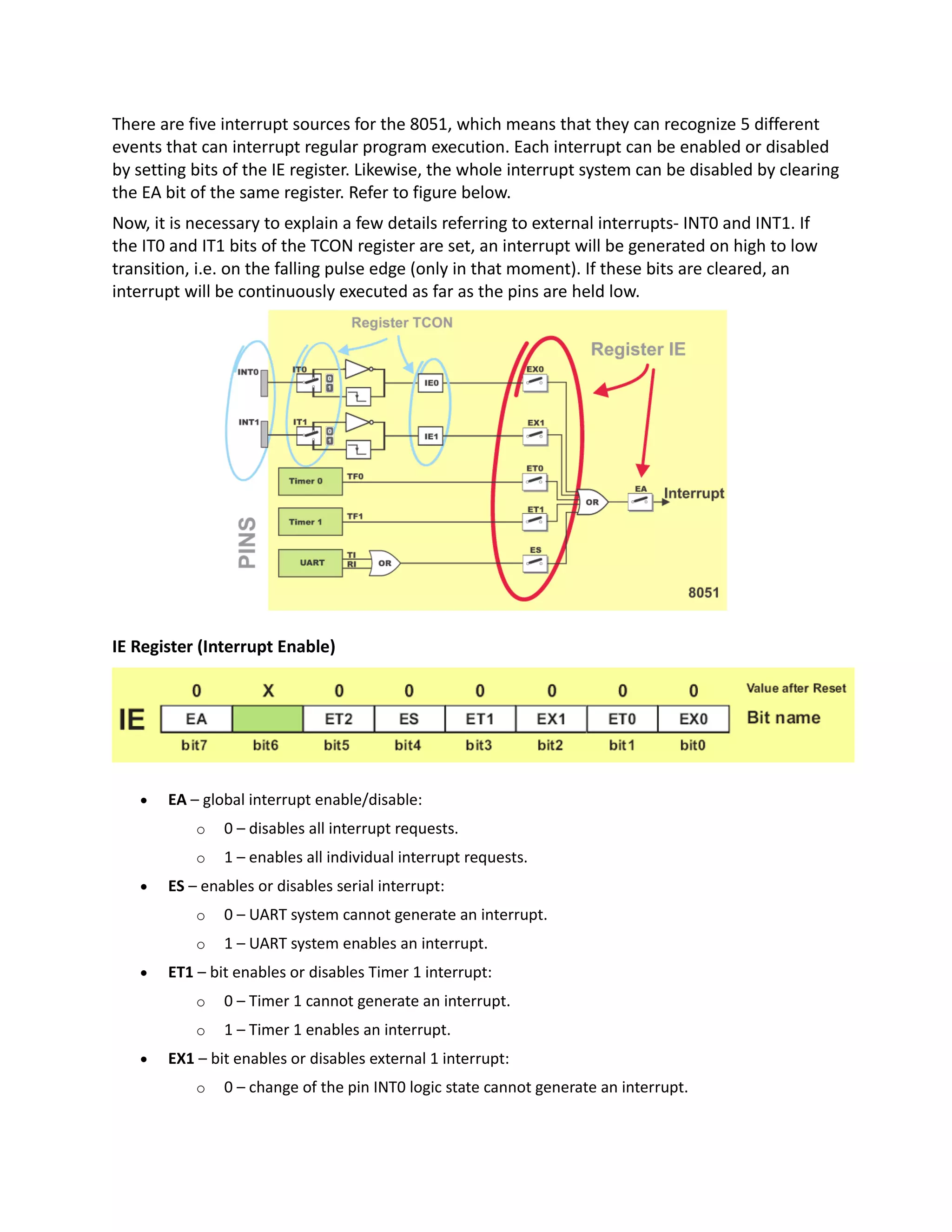 There are five interrupt sources for the 8051, which means that they can recognize 5 different
events that can interrupt regular program execution. Each interrupt can be enabled or disabled
by setting bits of the IE register. Likewise, the whole interrupt system can be disabled by clearing
the EA bit of the same register. Refer to figure below.
Now, it is necessary to explain a few details referring to external interrupts- INT0 and INT1. If
the IT0 and IT1 bits of the TCON register are set, an interrupt will be generated on high to low
transition, i.e. on the falling pulse edge (only in that moment). If these bits are cleared, an
interrupt will be continuously executed as far as the pins are held low.
IE Register (Interrupt Enable)
 EA – global interrupt enable/disable:
o 0 – disables all interrupt requests.
o 1 – enables all individual interrupt requests.
 ES – enables or disables serial interrupt:
o 0 – UART system cannot generate an interrupt.
o 1 – UART system enables an interrupt.
 ET1 – bit enables or disables Timer 1 interrupt:
o 0 – Timer 1 cannot generate an interrupt.
o 1 – Timer 1 enables an interrupt.
 EX1 – bit enables or disables external 1 interrupt:
o 0 – change of the pin INT0 logic state cannot generate an interrupt.
 