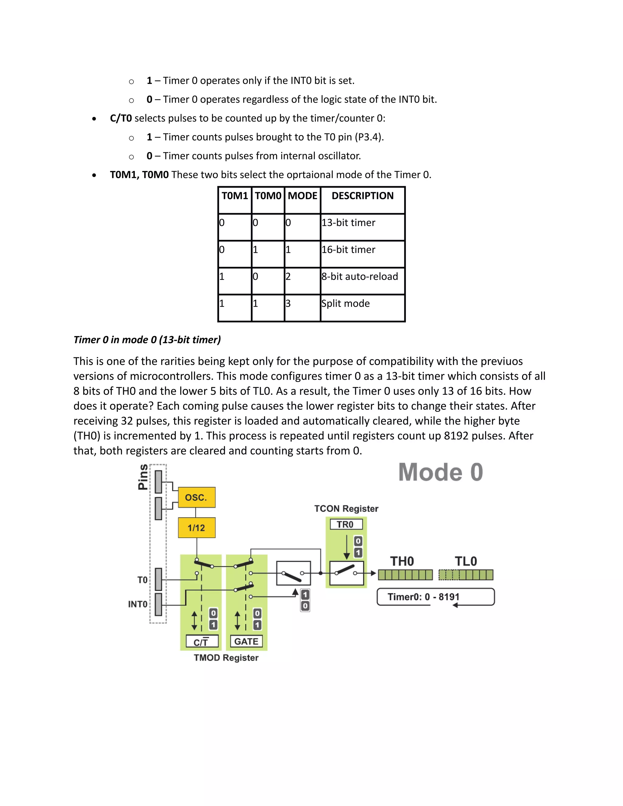 o 1 – Timer 0 operates only if the INT0 bit is set.
o 0 – Timer 0 operates regardless of the logic state of the INT0 bit.
 C/T0 selects pulses to be counted up by the timer/counter 0:
o 1 – Timer counts pulses brought to the T0 pin (P3.4).
o 0 – Timer counts pulses from internal oscillator.
 T0M1, T0M0 These two bits select the oprtaional mode of the Timer 0.
T0M1 T0M0 MODE DESCRIPTION
0 0 0 13-bit timer
0 1 1 16-bit timer
1 0 2 8-bit auto-reload
1 1 3 Split mode
Timer 0 in mode 0 (13-bit timer)
This is one of the rarities being kept only for the purpose of compatibility with the previuos
versions of microcontrollers. This mode configures timer 0 as a 13-bit timer which consists of all
8 bits of TH0 and the lower 5 bits of TL0. As a result, the Timer 0 uses only 13 of 16 bits. How
does it operate? Each coming pulse causes the lower register bits to change their states. After
receiving 32 pulses, this register is loaded and automatically cleared, while the higher byte
(TH0) is incremented by 1. This process is repeated until registers count up 8192 pulses. After
that, both registers are cleared and counting starts from 0.
 