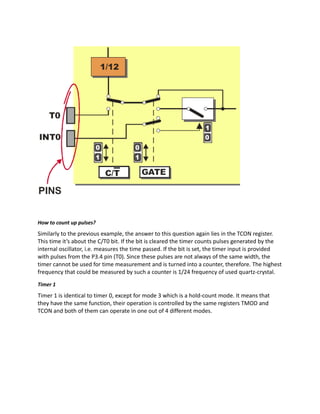 How to count up pulses?
Similarly to the previous example, the answer to this question again lies in the TCON register.
This time it’s about the C/T0 bit. If the bit is cleared the timer counts pulses generated by the
internal oscillator, i.e. measures the time passed. If the bit is set, the timer input is provided
with pulses from the P3.4 pin (T0). Since these pulses are not always of the same width, the
timer cannot be used for time measurement and is turned into a counter, therefore. The highest
frequency that could be measured by such a counter is 1/24 frequency of used quartz-crystal.
Timer 1
Timer 1 is identical to timer 0, except for mode 3 which is a hold-count mode. It means that
they have the same function, their operation is controlled by the same registers TMOD and
TCON and both of them can operate in one out of 4 different modes.
 