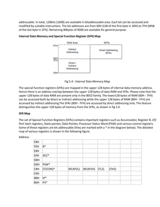 addressable. In total, 128bits (16X8) are available in bitaddressable area. Each bit can be accessed and
modified by suitable instructions. The bit addresses are from 00H (LSB of the first byte in 20H) to 7FH (MSB
of the last byte in 2FH). Remaining 80bytes of RAM are available for general purpose.
Internal Data Memory and Special Function Register (SFR) Map
Fig 5.4 : Internal Data Memory Map
The special function registers (SFRs) are mapped in the upper 128 bytes of internal data memory address.
Hence there is an address overlap between the upper 128 bytes of data RAM and SFRs. Please note that the
upper 128 bytes of data RAM are present only in the 8052 family. The lower128 bytes of RAM (00H - 7FH)
can be accessed both by direct or indirect addressing while the upper 128 bytes of RAM (80H - FFH) are
accessed by indirect addressing.The SFRs (80H - FFH) are accessed by direct addressing only. This feature
distinguishes the upper 128 bytes of memory from the SFRs, as shown in fig 5.4.
SFR Map
The set of Special Function Registers (SFRs) contains important registers such as Accumulator, Register B, I/O
Port latch registers, Stack pointer, Data Pointer, Processor Status Word (PSW) and various control registers.
Some of these registers are bit addressable (they are marked with a * in the diagram below). The detailed
map of various registers is shown in the following figure.
Address
F8H
F0H B*
E8H
E0H ACC*
D8H
D0H PSW*
C8H (T2CON)* (RCAP2L) (RCAP2H) (TL2) (TH2)
C0H
B8H IP*
B0H P3*
 