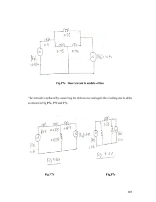 Fig.P7a Short circuit in middle of line

The network is reduced by converting the delta to star and again the resulting star to delta
as shown in Fig P7a, P7b and P7c.

Fig.P7b

Fig.P7c

103

 