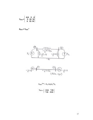 YBUS =

-9.8 5 4
5 -16 10
4 10 -14

ZBUS = YBUS-1

YBUSNew = YA-YBYD-1YC
YBUS =

-8.66 7.86
7.86 -8.86

17

 