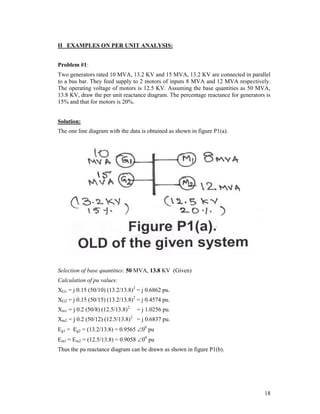 II EXAMPLES ON PER UNIT ANALYSIS:
Problem #1:
Two generators rated 10 MVA, 13.2 KV and 15 MVA, 13.2 KV are connected in parallel
to a bus bar. They feed supply to 2 motors of inputs 8 MVA and 12 MVA respectively.
The operating voltage of motors is 12.5 KV. Assuming the base quantities as 50 MVA,
13.8 KV, draw the per unit reactance diagram. The percentage reactance for generators is
15% and that for motors is 20%.
Solution:
The one line diagram with the data is obtained as shown in figure P1(a).

Selection of base quantities: 50 MVA, 13.8 KV (Given)
Calculation of pu values:
XG1 = j 0.15 (50/10) (13.2/13.8)2 = j 0.6862 pu.
XG2 = j 0.15 (50/15) (13.2/13.8)2 = j 0.4574 pu.
Xm1 = j 0.2 (50/8) (12.5/13.8)2

= j 1.0256 pu.

Xm2 = j 0.2 (50/12) (12.5/13.8)2 = j 0.6837 pu.
Eg1 = Eg2 = (13.2/13.8) = 0.9565 00 pu
Em1 = Em2 = (12.5/13.8) = 0.9058 00 pu
Thus the pu reactance diagram can be drawn as shown in figure P1(b).

18

 