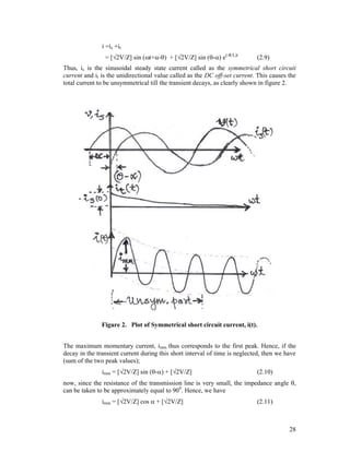 i =is +it
= [2V/Z] sin (t+-) + [2V/Z] sin (-) e(-R/L)t

(2.9)

Thus, is is the sinusoidal steady state current called as the symmetrical short circuit
current and it is the unidirectional value called as the DC off-set current. This causes the
total current to be unsymmetrical till the transient decays, as clearly shown in figure 2.

Figure 2. Plot of Symmetrical short circuit current, i(t).
The maximum momentary current, imm thus corresponds to the first peak. Hence, if the
decay in the transient current during this short interval of time is neglected, then we have
(sum of the two peak values);
imm = [2V/Z] sin (-) + [2V/Z]

(2.10)

now, since the resistance of the transmission line is very small, the impedance angle ,
can be taken to be approximately equal to 900. Hence, we have
imm = [2V/Z] cos  + [2V/Z]

(2.11)

28

 