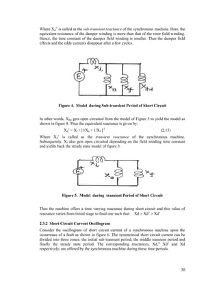 Where Xd” is called as the sub-transient reactance of the synchronous machine. Here, the
equivalent resistance of the damper winding is more than that of the rotor field winding.
Hence, the time constant of the damper field winding is smaller. Thus the damper field
effects and the eddy currents disappear after a few cycles.

Figure 4. Model during Sub-transient Period of Short Circuit
In other words, Xdw gets open circuited from the model of Figure 5 to yield the model as
shown in figure 4. Thus the equivalent reactance is given by:
Xd’ = Xl +[1/Xa + 1/Xf ]-1

(2.15)

Where Xd’ is called as the transient reactance of the synchronous machine.
Subsequently, Xf also gets open circuited depending on the field winding time constant
and yields back the steady state model of figure 3.

Figure 5. Model during transient Period of Short Circuit
Thus the machine offers a time varying reactance during short circuit and this value of
reactance varies from initial stage to final one such that: Xd  Xd’  Xd’
2.3.2 Short Circuit Current Oscillogram
Consider the oscillogram of short circuit current of a synchronous machine upon the
occurrence of a fault as shown in figure 6. The symmetrical short circuit current can be
divided into three zones: the initial sub transient period, the middle transient period and
finally the steady state period. The corresponding reactances, Xd,” Xd’ and Xd
respectively, are offered by the synchronous machine during these time periods.

30

 