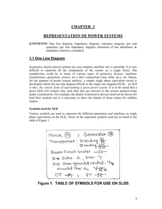 CHAPTER 1
REPRESENTATION OF POWER SYSTEMS
[CONTENTS: One line diagram, impedance diagram, reactance diagram, per unit
quantities, per unit impedance diagram, formation of bus admittance &
impedance matrices, examples]

1.1 One Line Diagram
In practice, electric power systems are very complex and their size is unwieldy. It is very
difficult to represent all the components of the system on a single frame. The
complexities could be in terms of various types of protective devices, machines
(transformers, generators, motors, etc.), their connections (star, delta, etc.), etc. Hence,
for the purpose of power system analysis, a simple single phase equivalent circuit is
developed called, the one line diagram (OLD) or the single line diagram (SLD). An SLD
is thus, the concise form of representing a given power system. It is to be noted that a
given SLD will contain only such data that are relevant to the system analysis/study
under consideration. For example, the details of protective devices need not be shown for
load flow analysis nor it is necessary to show the details of shunt values for stability
studies.
Symbols used for SLD
Various symbols are used to represent the different parameters and machines as single
phase equivalents on the SLD,. Some of the important symbols used are as listed in the
table of Figure 1.

9

 