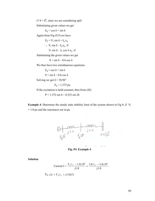 (* θ = 00, since we are considering upf)
Substituting given values we get
Eg = cos δ + sin δ.
Again from Fig (9.5) we have
Ed = Vt sin δ = Iq xq
 Vt sin δ – Iq xq = 0

Vt sin δ – Ia cos δ xq = 0
Substituting the given values we get
0 = sin δ – 0.6 cos δ
We thus have two simultaneous equations.
Eg = cos δ + sin δ
0 = sin δ – 0.6 cos δ
Solving we get δ = 30.96o
Eg = 1.372 pu
If the excitation is held constant, then from (42)
P = 1.372 sin δ + 0.333 sin 2δ

Example 4: Determine the steady state stability limit of the system shown in Fig 8, if Vt
= 1.0 pu and the reactances are in pu.

Fig. P4 Example 4

Solution:
Current I =

Vt   1.00 1.0   1.00

j1.0
j 1 .0

Eg   Vt   j 1.0 ( I )

99

 