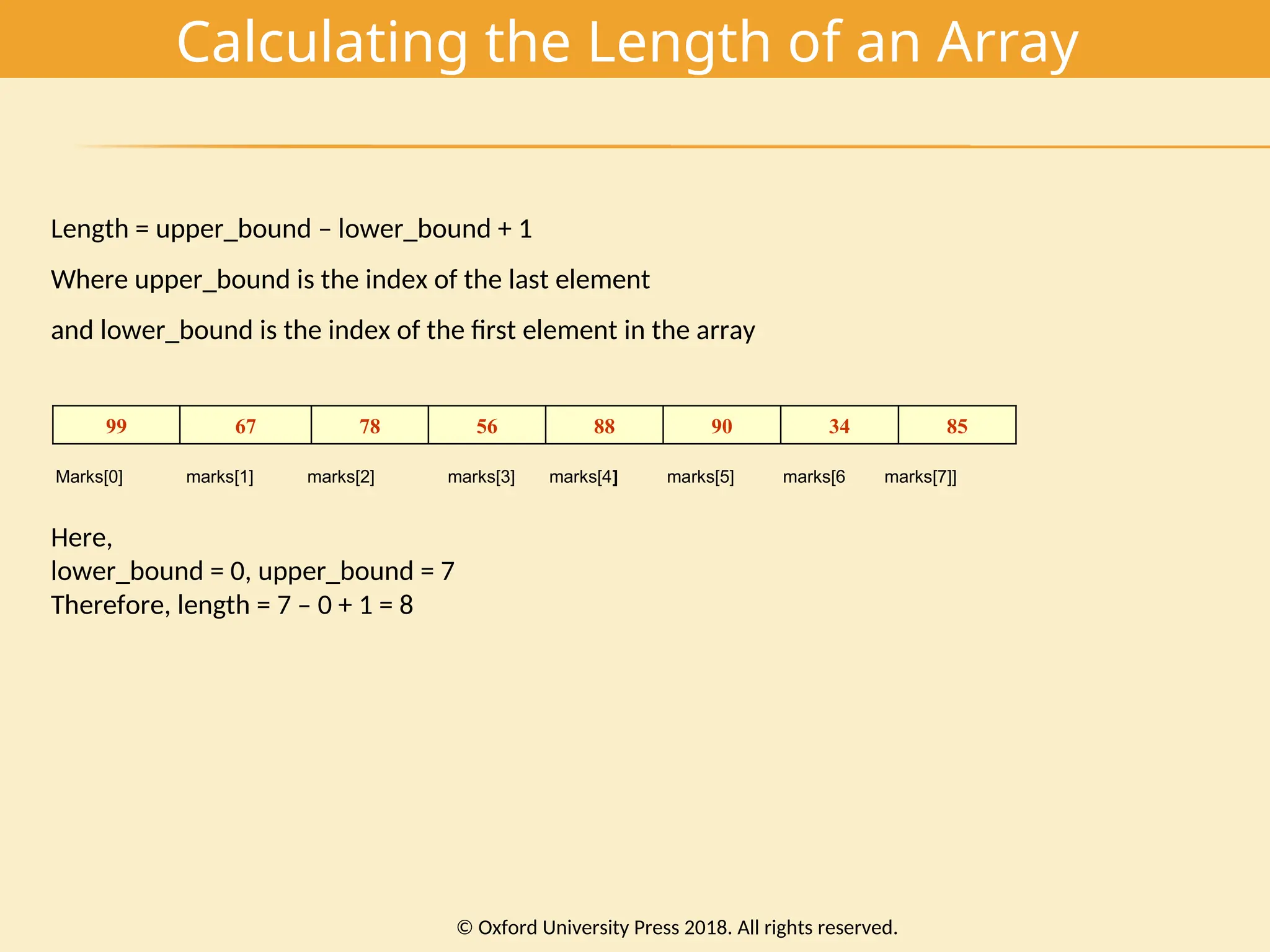 Calculating the Length of an Array
Length = upper_bound – lower_bound + 1
Where upper_bound is the index of the last element
and lower_bound is the index of the first element in the array
99 67 78 56 88 90 34 85
Marks[0] marks[1] marks[2] marks[3] marks[4] marks[5] marks[6 marks[7]]
Here,
lower_bound = 0, upper_bound = 7
Therefore, length = 7 – 0 + 1 = 8
© Oxford University Press 2018. All rights reserved.
 
