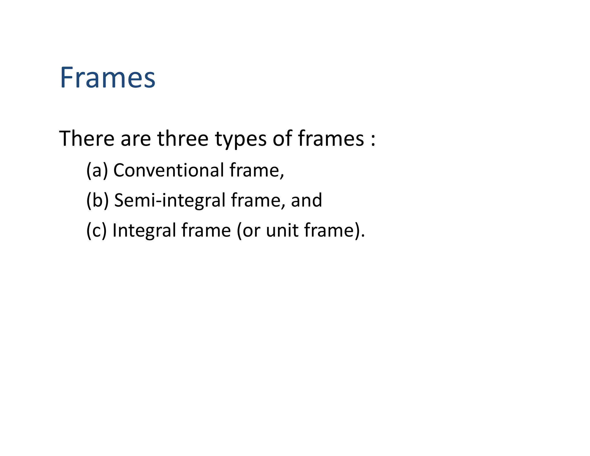 Frames
There are three types of frames :
(a) Conventional frame,
(b) Semi-integral frame, and
(c) Integral frame (or unit frame).
 