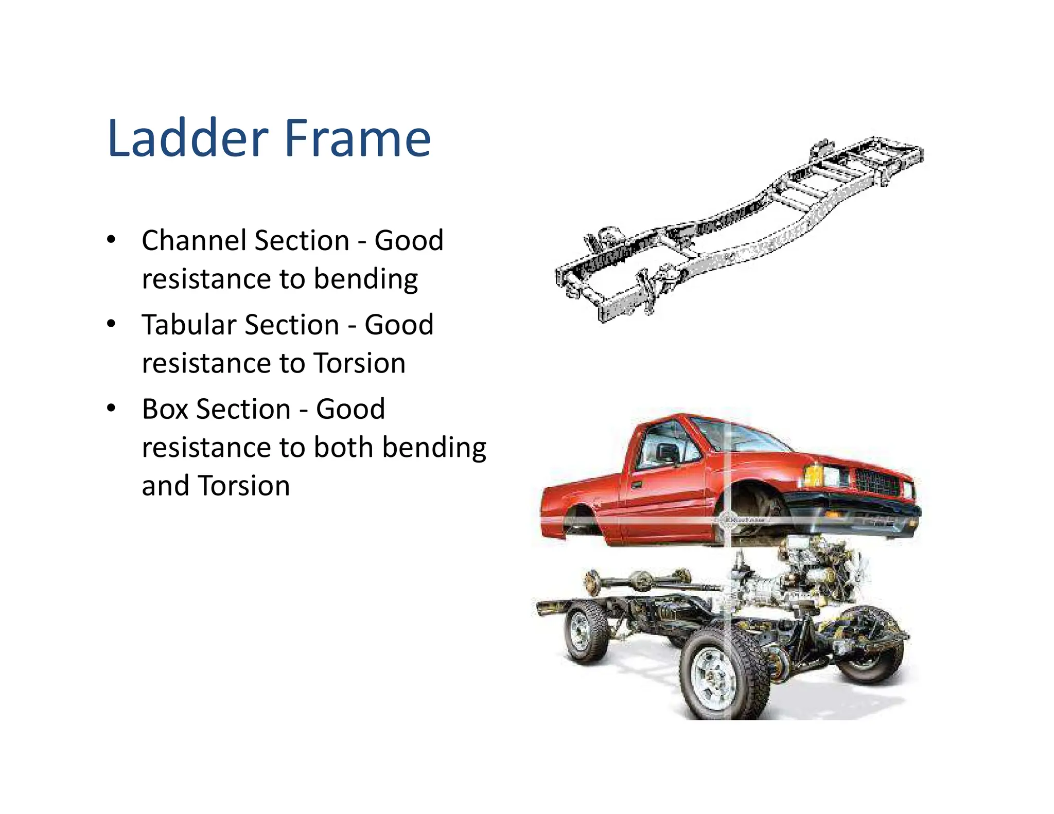 Ladder Frame
• Channel Section - Good
resistance to bending
• Tabular Section - Good
resistance to Torsion
• Box Section - Good
resistance to both bending
and Torsion
 