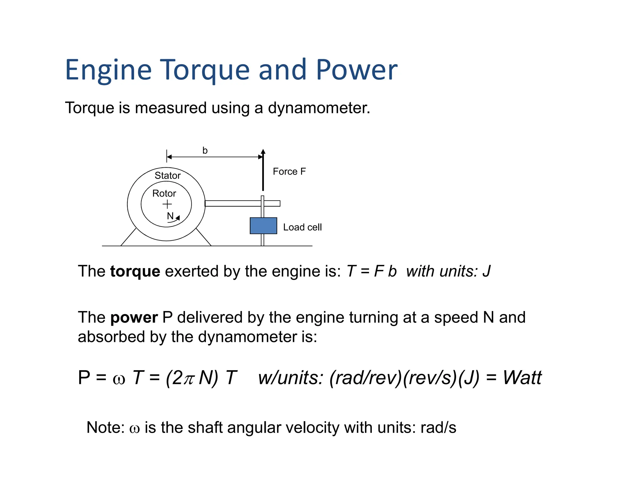 Torque is measured using a dynamometer.
Load cell
Force F
Stator
Rotor
b
N
The torque exerted by the engine is: T = F b with units: J
The power P delivered by the engine turning at a speed N and
absorbed by the dynamometer is:
P =  T = (2 N) T w/units: (rad/rev)(rev/s)(J) = Watt
Note:  is the shaft angular velocity with units: rad/s
Engine Torque and Power
 