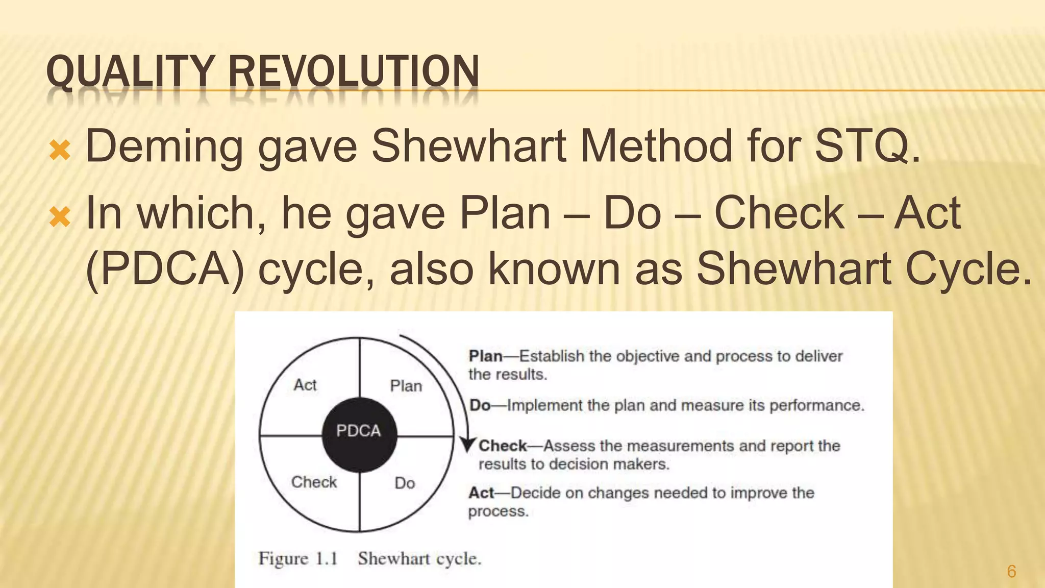 QUALITY REVOLUTION
 Deming gave Shewhart Method for STQ.
 In which, he gave Plan – Do – Check – Act
(PDCA) cycle, also known as Shewhart Cycle.
6
 