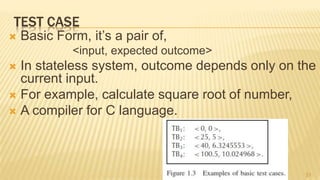 TEST CASE
 Basic Form, it’s a pair of,
<input, expected outcome>
 In stateless system, outcome depends only on the
current input.
 For example, calculate square root of number,
 A compiler for C language.
31
 