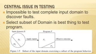 CENTRAL ISSUE IN TESTING
 Impossible to test complete input domain to
discover faults.
 Select subset of Domain is best thing to test
program.
36
 