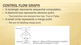CONTROL FLOW GRAPH
 A rectangle represents sequential computation.
 A diamond box represents decision point.
 Two branches one decision box has, True or False.
 A small circle represents a merge point.
 We are not labeling merge point.
50
 