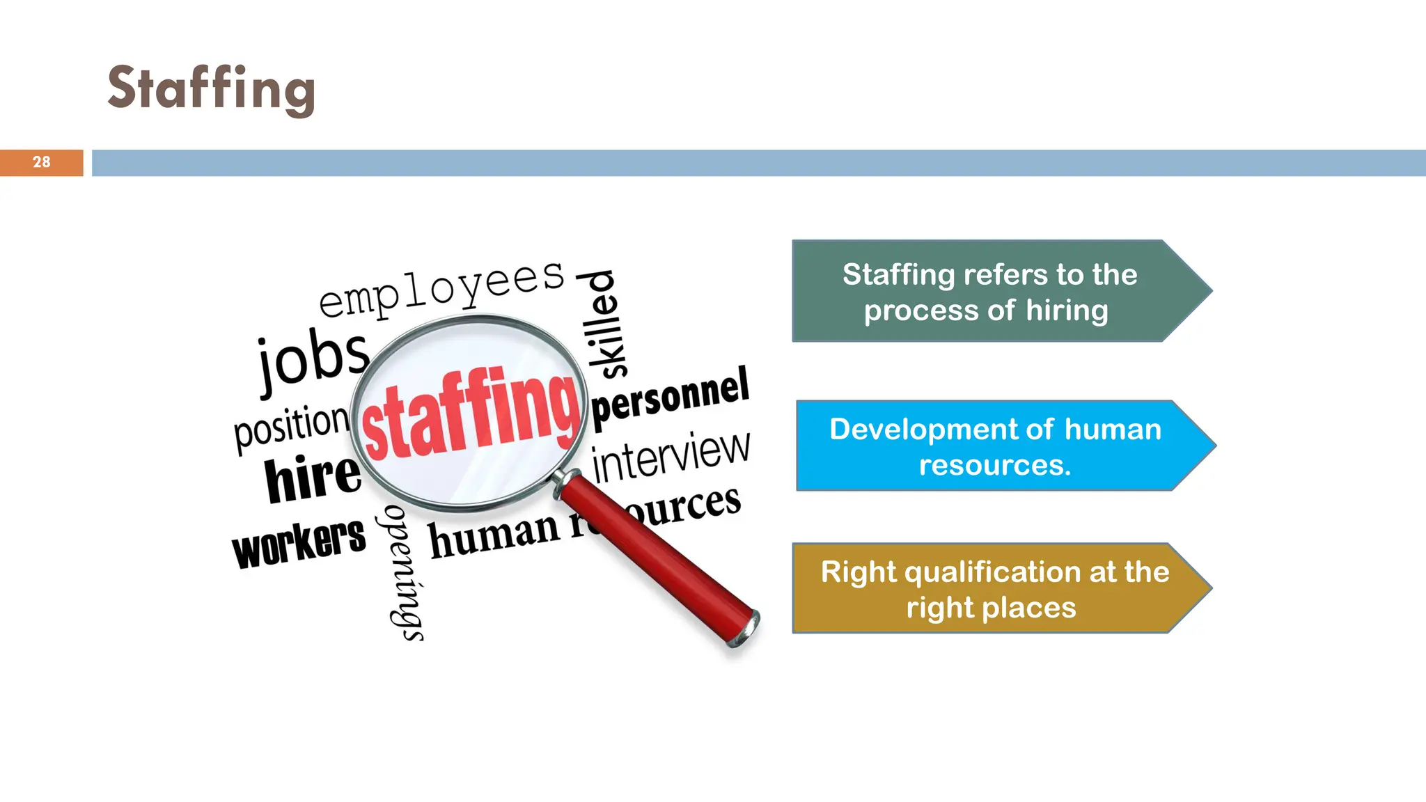 Staffing
Staffing refers to the
process of hiring
Development of human
resources.
Right qualification at the
right places
28
 