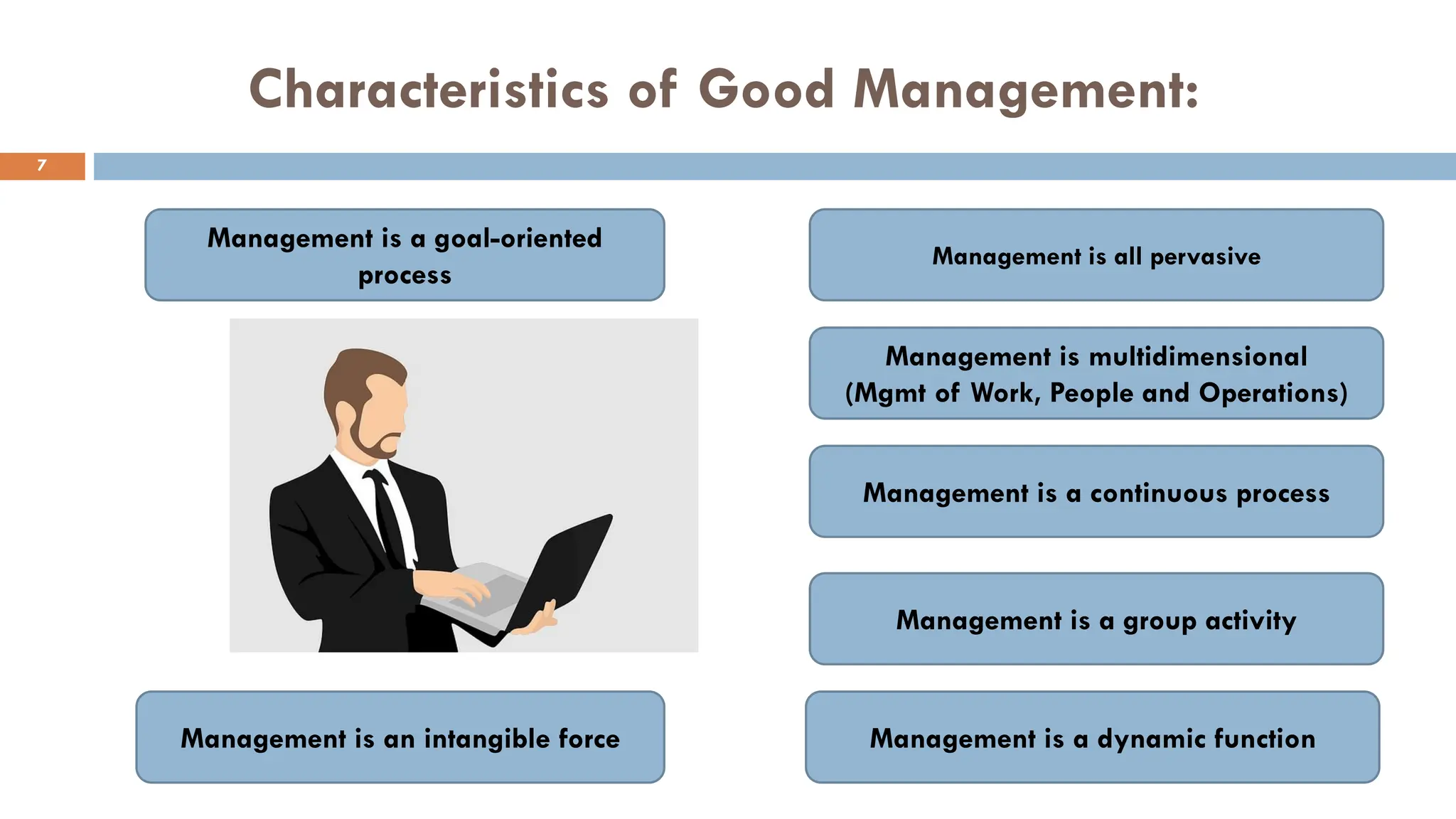 Characteristics of Good Management:
Management is a goal-oriented
process
Management is all pervasive
Management is multidimensional
(Mgmt of Work, People and Operations)
Management is a continuous process
Management is a group activity
Management is a dynamic function
Management is an intangible force
7
 