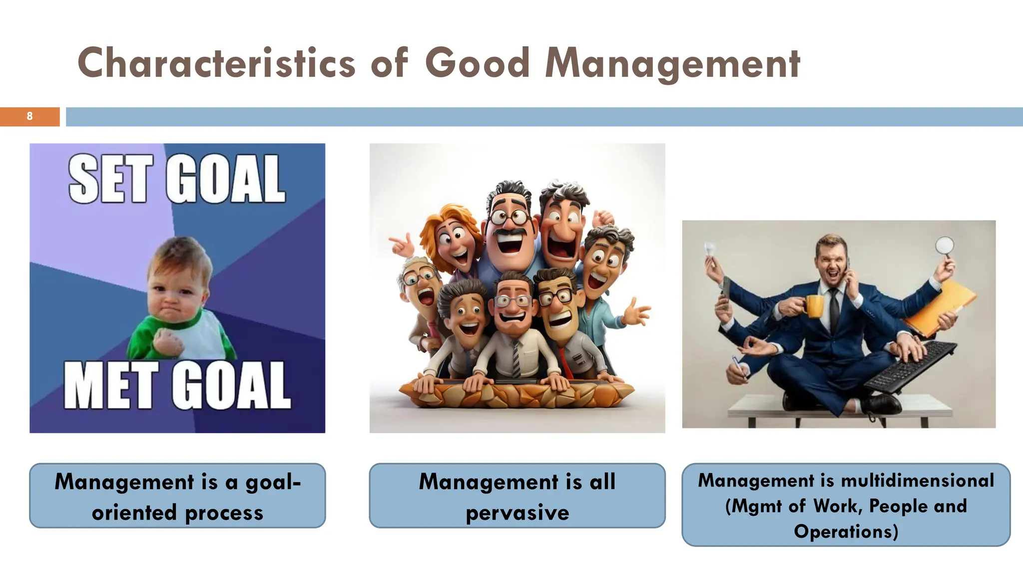 Characteristics of Good Management
8
Management is a goal-
oriented process
Management is all
pervasive
Management is multidimensional
(Mgmt of Work, People and
Operations)
 