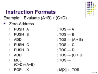 Instruction Formats
Example: Evaluate (A+B) ∗ (C+D)
 Zero-Address
  l   PUSH A              ; TOS ← A
  l   PUSH B              ; TOS ← B
  l   ADD                 ; TOS ← (A + B)
  l   PUSH C              ; TOS ← C
  l   PUSH D              ; TOS ← D
  l   ADD                 ; TOS ← (C + D)
  l   MUL                 ; TOS ←
      (C+D)∗(A+B)
  l   POP X               ; M[X] ← TOS
 