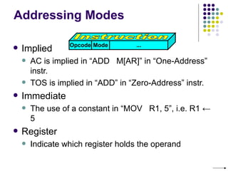 Addressing Modes

                  Opcode Mode       ...
   Implied
       AC is implied in “ADD M[AR]” in “One-Address”
        instr.
       TOS is implied in “ADD” in “Zero-Address” instr.
   Immediate
       The use of a constant in “MOV R1, 5”, i.e. R1 ←
        5
   Register
       Indicate which register holds the operand
 