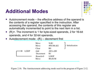 Additional Modes
   Autoincrement mode – the effective address of the operand is
    the contents of a register specified in the instruction. After
    accessing the operand, the contents of this register are
    automatically incremented to point to the next item in a list.
   (Ri)+. The increment is 1 for byte-sized operands, 2 for 16-bit
    operands, and 4 for 32-bit operands.
   Autodecrement mode: -(Ri) – decrement first
                               Move          N,R1
                               Move          #NUM1,R2            Initialization
                               Clear         R0
                   LOOP        Add           (R2)+,R0
                               Decrement     R1
                               Branch>0      LOOP
                               Move          R0,SUM



     Figure 2.16.  The Autoincrement addressing mode used in the program of Figure 2.12.
 