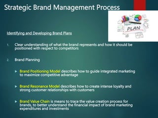 Strategic Brand Management Process
Identifying and Developing Brand Plans
1. Clear understanding of what the brand represe...