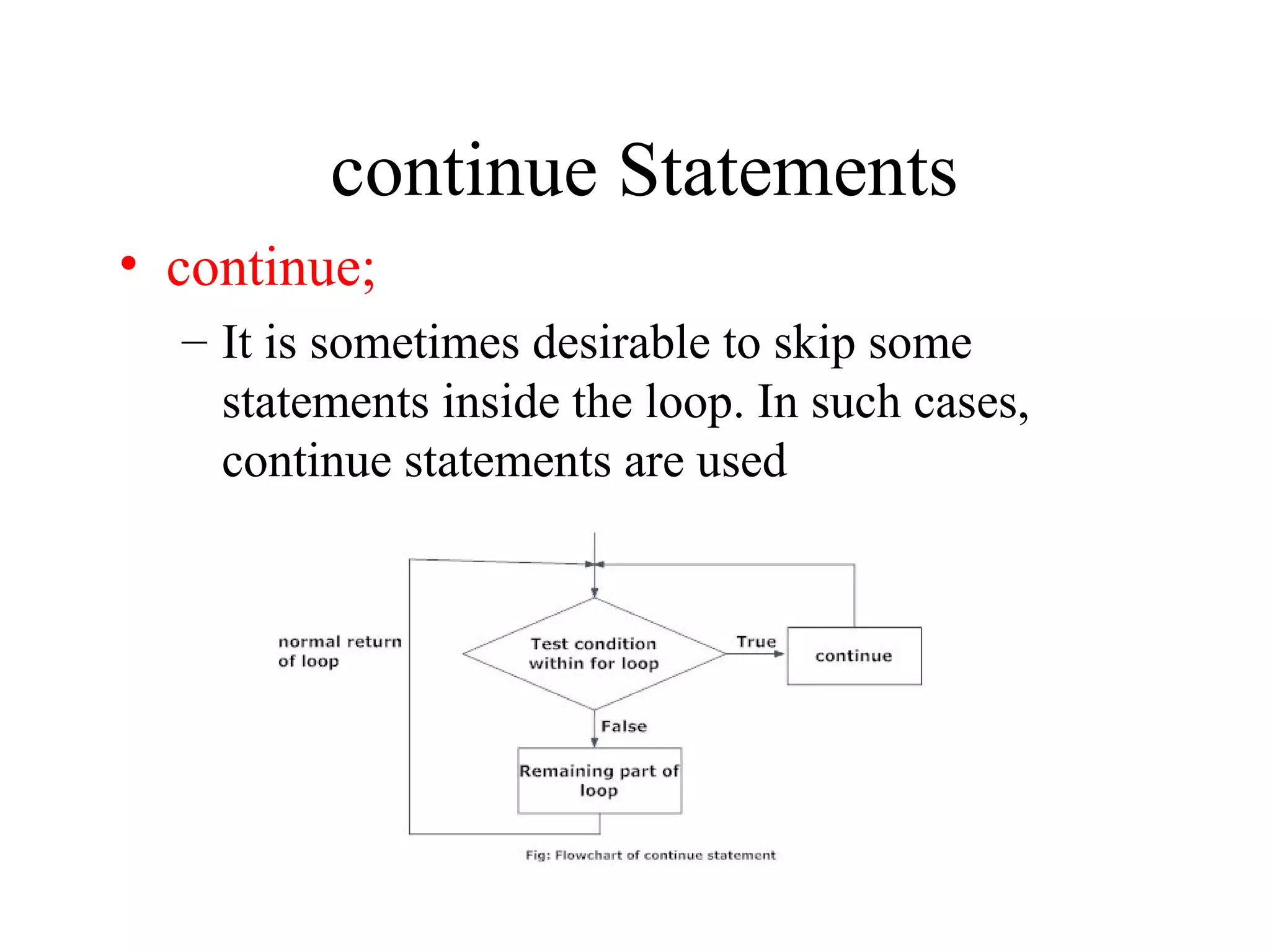 continue Statements
• continue;
– It is sometimes desirable to skip some
statements inside the loop. In such cases,
continue statements are used
 