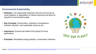 • Definition: The responsible interaction with the environment to
avoid depletion or degradation of natural resources and allow for
long-term environmental quality.
• Key Concepts: Conservation, protection of ecosystems,
pollution reduction, and sustainable resource use.
• Importance: Ensures the health of the planet for future
generations.
• Examples: Renewable energy adoption, conservation initiatives.
Environmental Sustainability
Source : https://www.google.com/url?sa=i&url=https%3A%2F%2Fwww.vecteezy.com%2Fvector-art%2F21509465-zero-waste-ecological-sustainability-environment-protection-poster-sublimation-print-card-banner-decorated-with-hand-drawn-kawaii-planet-and-lettering-quote-eps-
10&psig=AOvVaw38F8DIC4EsNDAPdPwx0f11&ust=1722405973830000&source=images&cd=vfe&opi=89978449&ved=2ahUKEwiMlo2zjM6HAxX8amwGHYiTNwsQjRx6BAgAEBU
 