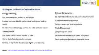 Energy Efficiency
Use energy-efficient appliances and lighting.
Insulate homes and buildings to reduce heating and cooling
needs.
Invest in renewable energy sources like solar and wind power.
Transportation
Use public transportation, carpool, or bike.
Opt for fuel-efficient or electric vehicles.
Reduce air travel and choose direct flights when possible.
Strategies to Reduce Carbon Footprint
Source : https://miro.medium.com/v2/resize:fit:828/format:webp/1*ZrVV1fm_LeN76jbYOLAW0A.png
Diet and Consumption
Eat a plant-based diet and reduce meat consumption.
Buy local and seasonal produce.
Reduce, reuse, and recycle products.
Waste Management
Compost organic waste.
Recycle materials like paper, glass, and plastic.
Avoid single-use plastics and disposable items.
 