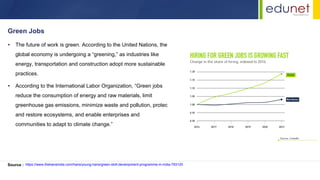 • The future of work is green. According to the United Nations, the
global economy is undergoing a “greening,” as industries like
energy, transportation and construction adopt more sustainable
practices.
• According to the International Labor Organization, “Green jobs
reduce the consumption of energy and raw materials, limit
greenhouse gas emissions, minimize waste and pollution, protect
and restore ecosystems, and enable enterprises and
communities to adapt to climate change.”
Green Jobs
Source : https://www.thehansindia.com/hans/young-hans/green-skill-development-programme-in-india-793120
 