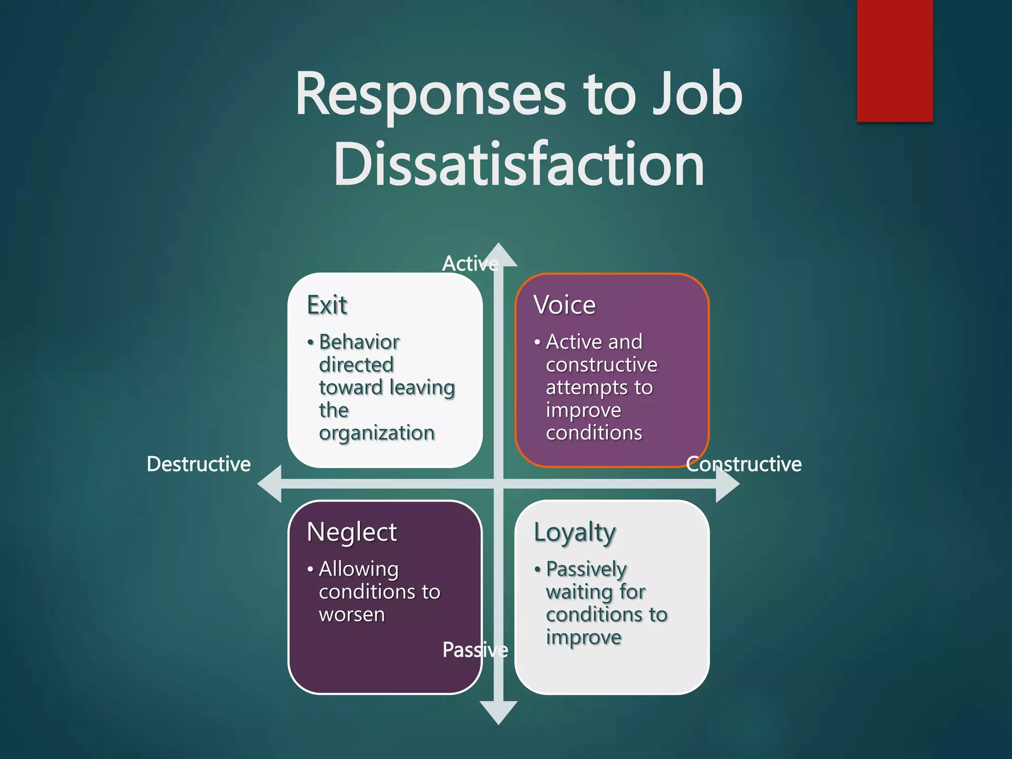 Responses to Job
Dissatisfaction
Exit
• Behavior
directed
toward leaving
the
organization
Voice
• Active and
constructive
attempts to
improve
conditions
Neglect
• Allowing
conditions to
worsen
Loyalty
• Passively
waiting for
conditions to
improve
Active
Constructive
Passive
Destructive
 