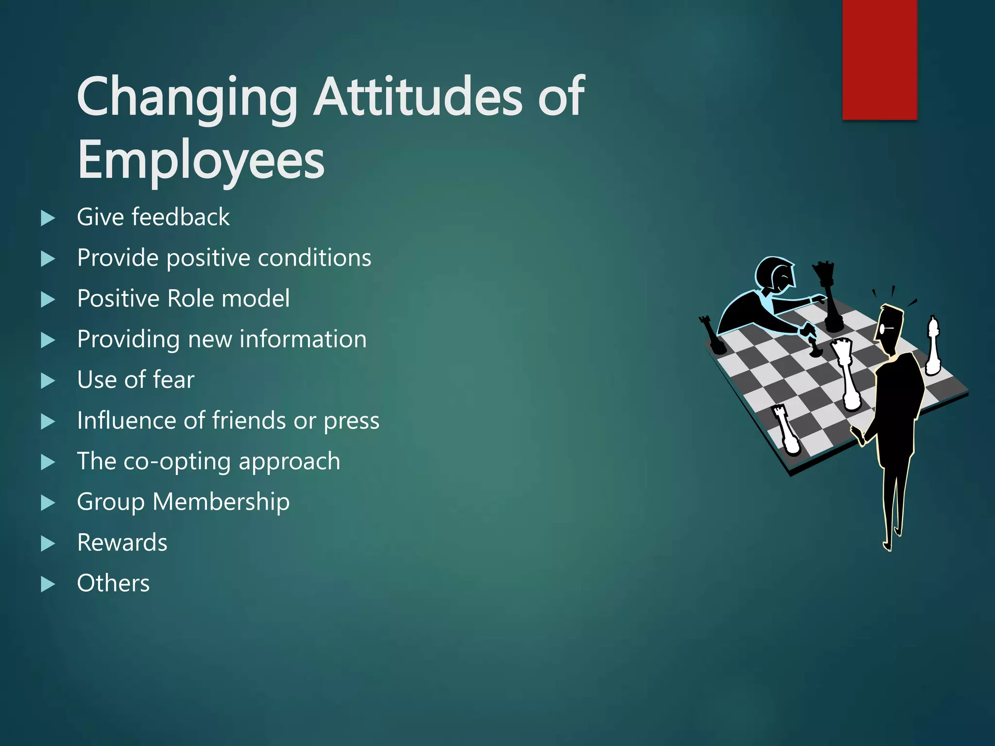 Changing Attitudes of
Employees
 Give feedback
 Provide positive conditions
 Positive Role model
 Providing new information
 Use of fear
 Influence of friends or press
 The co-opting approach
 Group Membership
 Rewards
 Others
 