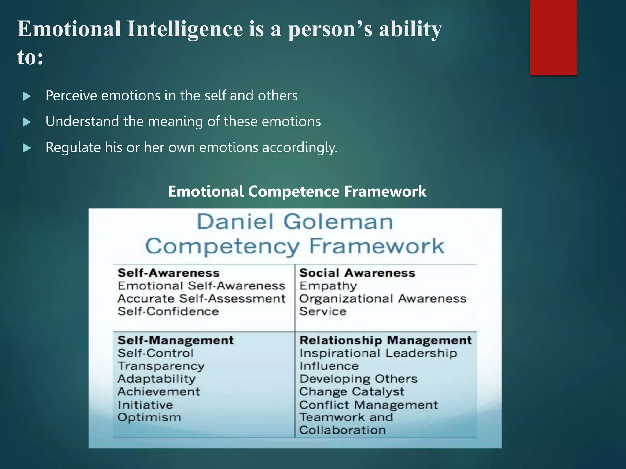 Emotional Intelligence is a person’s ability
to:
 Perceive emotions in the self and others
 Understand the meaning of these emotions
 Regulate his or her own emotions accordingly.
Emotional Competence Framework
 
