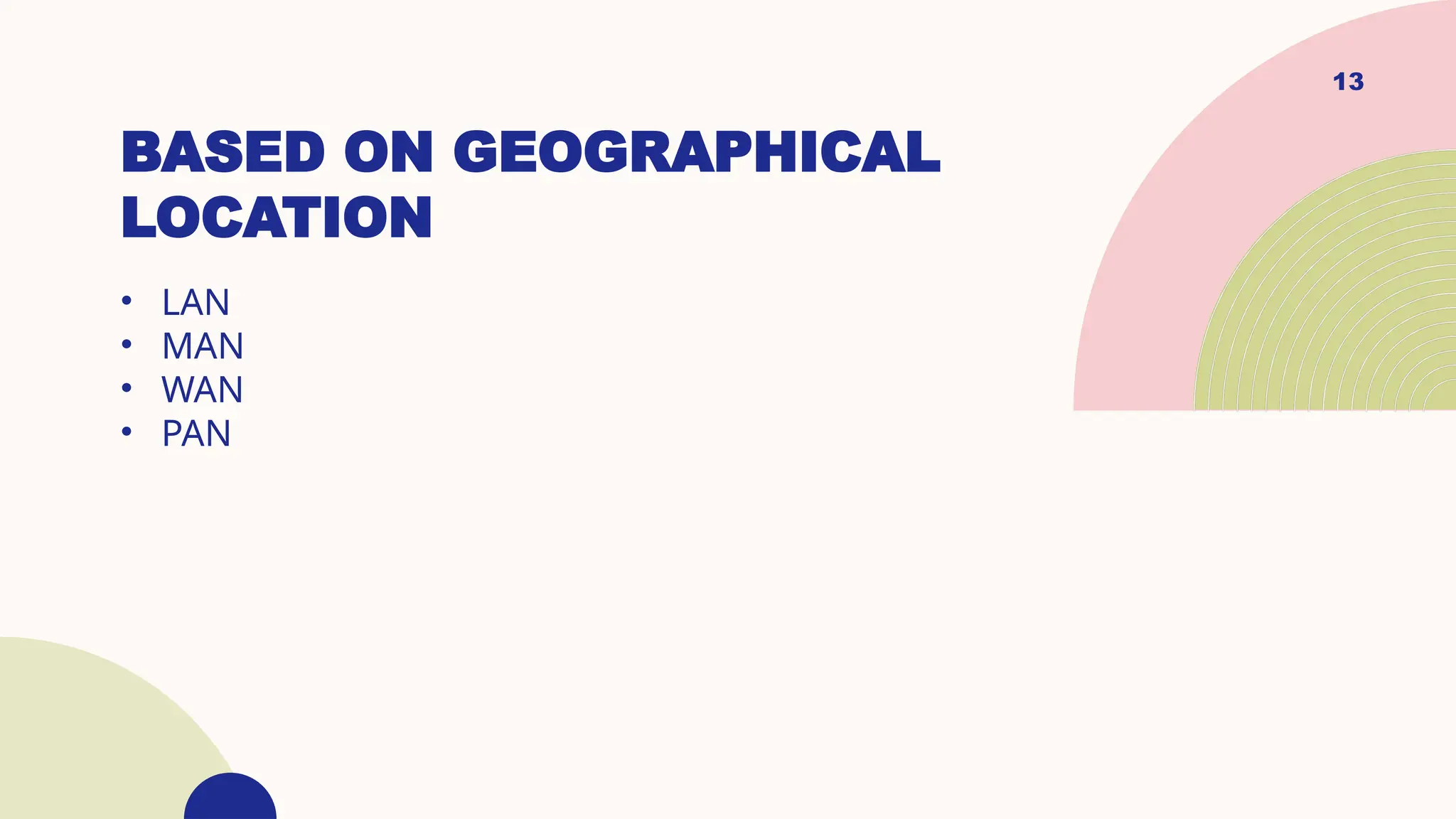 BASED ON GEOGRAPHICAL
LOCATION
• LAN
• MAN
• WAN
• PAN
13
 