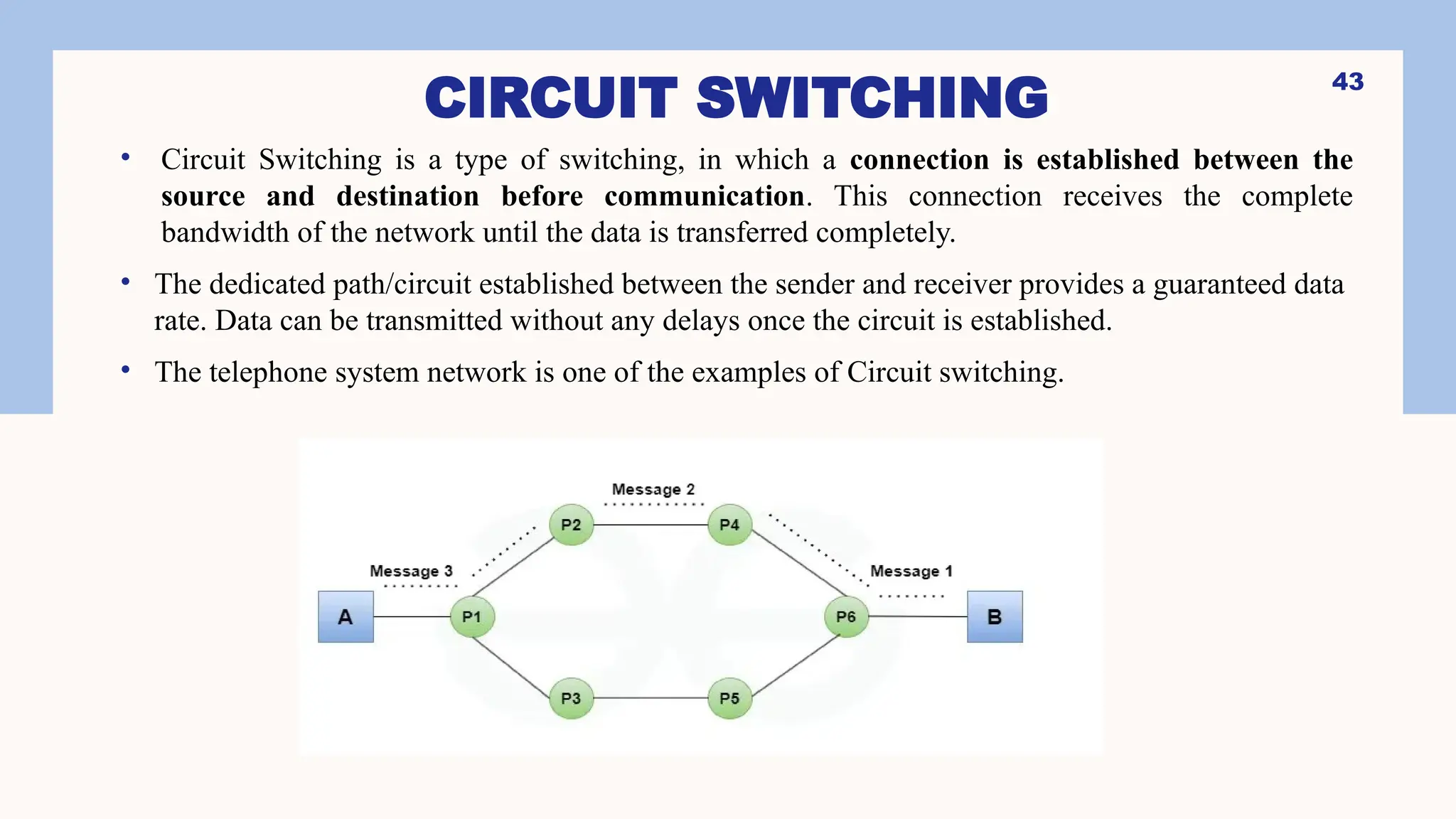 CIRCUIT SWITCHING
• Circuit Switching is a type of switching, in which a connection is established between the
source and destination before communication. This connection receives the complete
bandwidth of the network until the data is transferred completely.
• The dedicated path/circuit established between the sender and receiver provides a guaranteed data
rate. Data can be transmitted without any delays once the circuit is established.
• The telephone system network is one of the examples of Circuit switching.
43
 