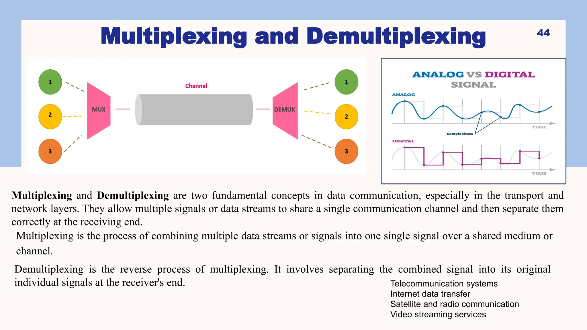 Multiplexing and Demultiplexing 44
Multiplexing and Demultiplexing are two fundamental concepts in data communication, especially in the transport and
network layers. They allow multiple signals or data streams to share a single communication channel and then separate them
correctly at the receiving end.
Multiplexing is the process of combining multiple data streams or signals into one single signal over a shared medium or
channel.
Demultiplexing is the reverse process of multiplexing. It involves separating the combined signal into its original
individual signals at the receiver's end. Telecommunication systems
Internet data transfer
Satellite and radio communication
Video streaming services
 
