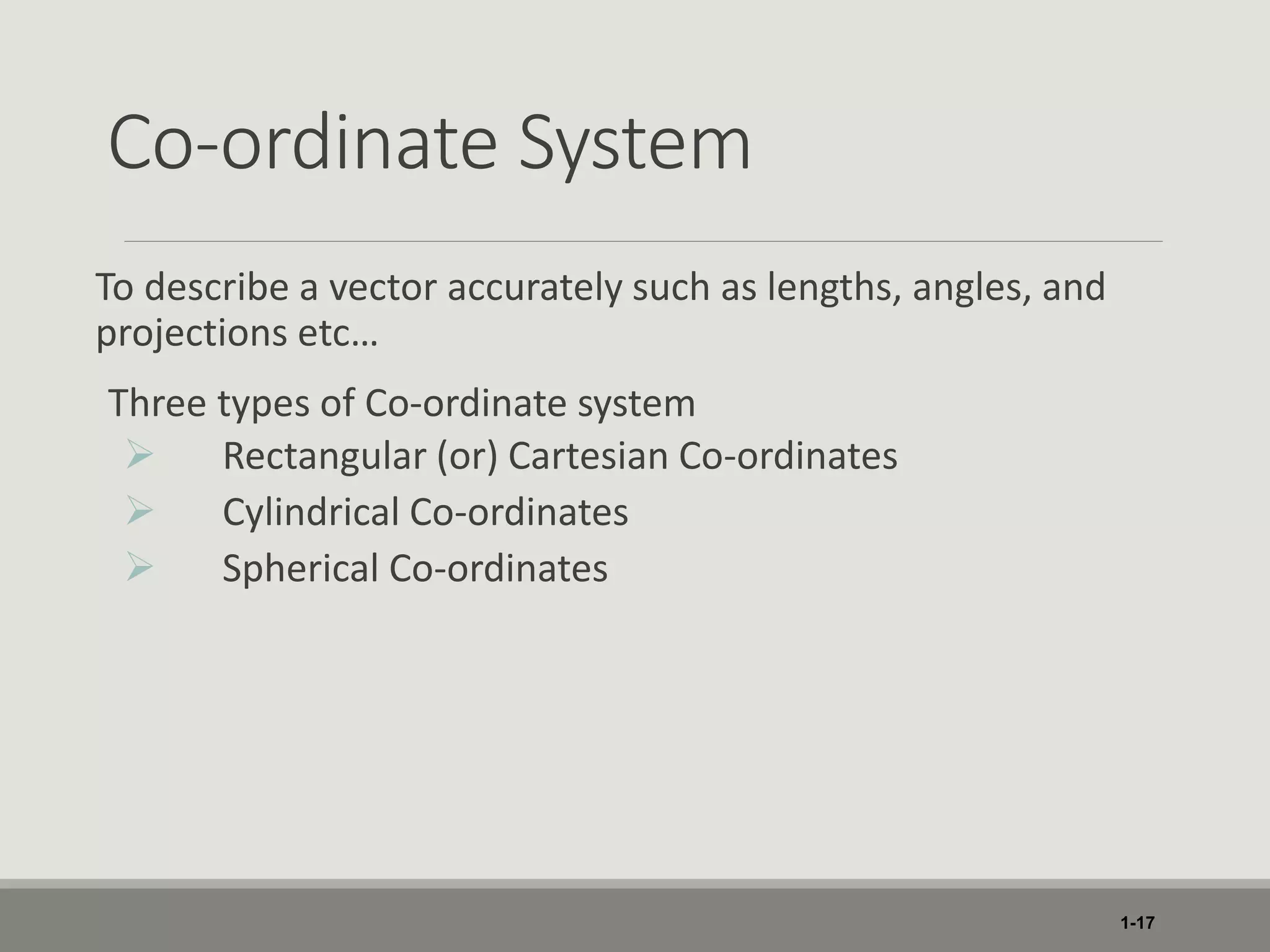 Co-ordinate System
To describe a vector accurately such as lengths, angles, and
projections etc…
Three types of Co-ordinate system
 Rectangular (or) Cartesian Co-ordinates
 Cylindrical Co-ordinates
 Spherical Co-ordinates
1-17
 