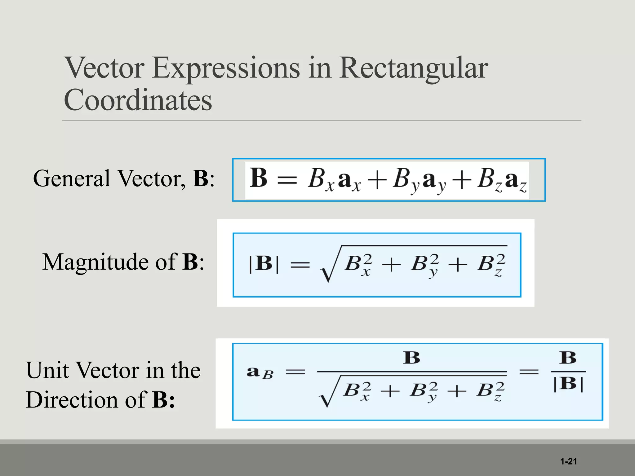 Vector Expressions in Rectangular
Coordinates
1-21
General Vector, B:
Magnitude of B:
Unit Vector in the
Direction of B:
 