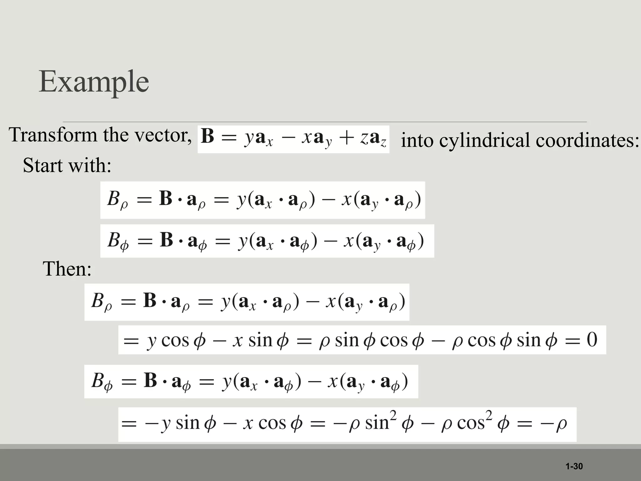 Example
1-30
Transform the vector, into cylindrical coordinates:
Start with:
Then:
 