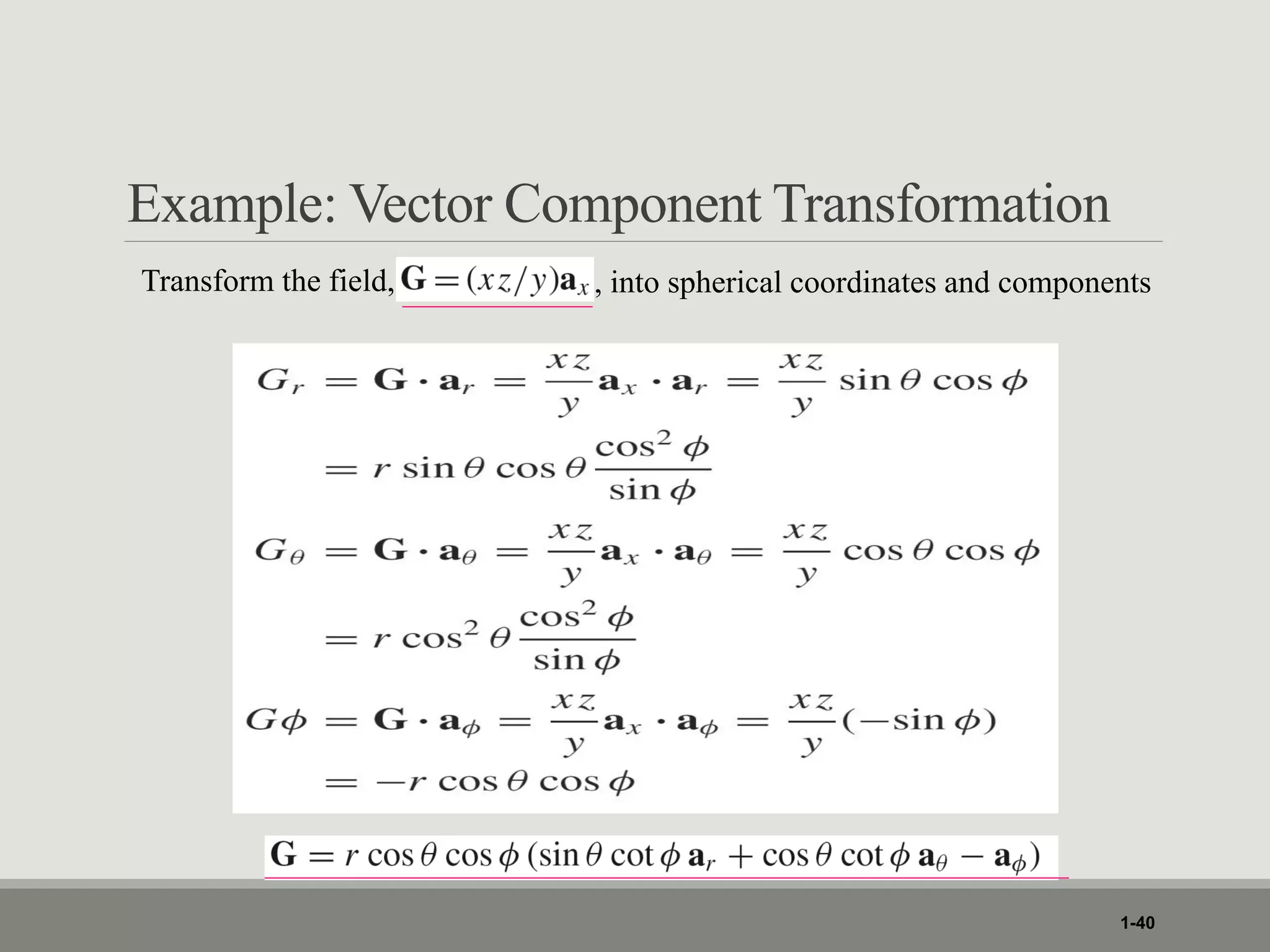 Example: Vector Component Transformation
1-40
Transform the field, , into spherical coordinates and components
 