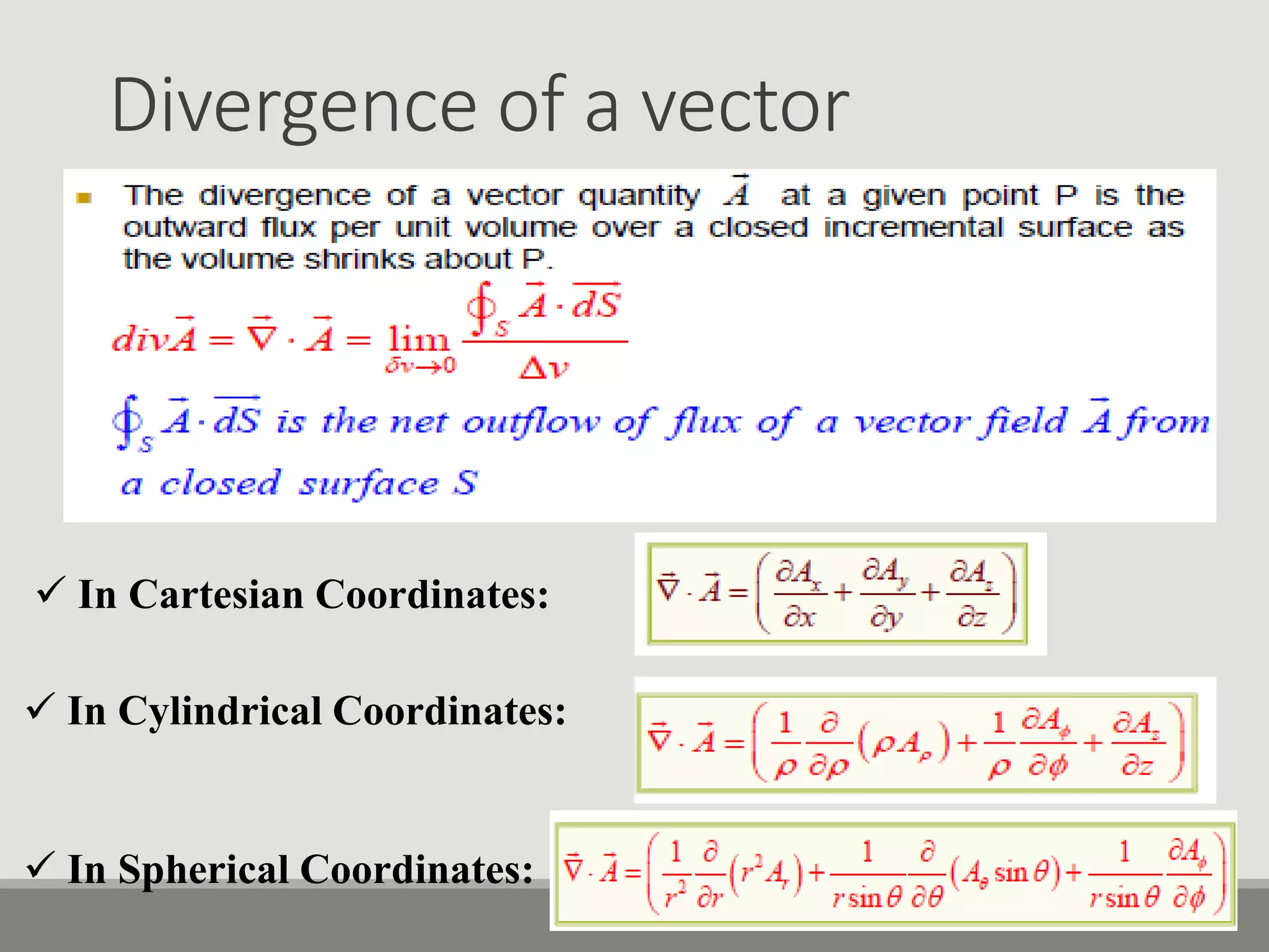 Divergence of a vector
1-52
 In Cartesian Coordinates:
 In Cylindrical Coordinates:
 In Spherical Coordinates:
 