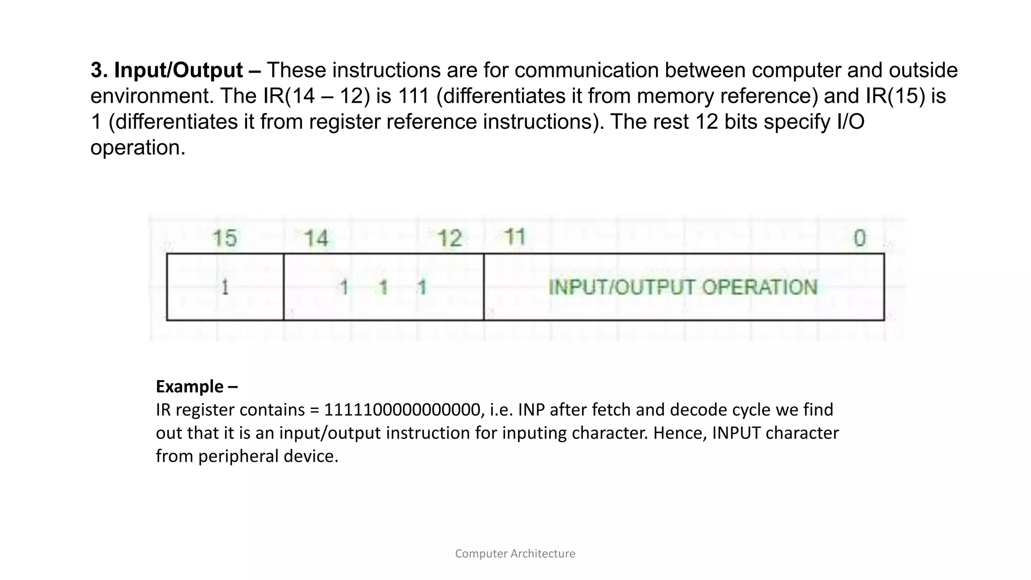 3. Input/Output – These instructions are for communication between computer and outside
environment. The IR(14 – 12) is 111 (differentiates it from memory reference) and IR(15) is
1 (differentiates it from register reference instructions). The rest 12 bits specify I/O
operation.
Computer Architecture
Example –
IR register contains = 1111100000000000, i.e. INP after fetch and decode cycle we find
out that it is an input/output instruction for inputing character. Hence, INPUT character
from peripheral device.
 
