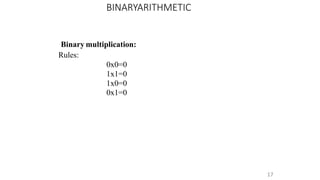 Binary multiplication:
Rules:
0x0=0
1x1=0
1x0=0
0x1=0
17
BINARYARITHMETIC
 