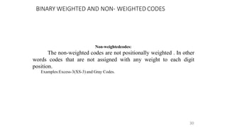 BINARY WEIGHTED AND NON- WEIGHTED CODES
30
Non-weightedcodes:
The non-weighted codes are not positionally weighted . In other
words codes that are not assigned with any weight to each digit
position.
Examples:Excess-3(XS-3) and Gray Codes.
 