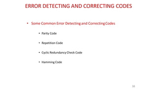 ERROR DETECTING AND CORRECTING CODES
38
• Some Common Error Detecting and CorrectingCodes
• Parity Code
• Repetition Code
• Cyclic Redundancy Check Code
• Hamming Code
 