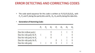 ERROR DETECTING AND CORRECTING CODES
• The code word sequence for this code is written as P1P2D1P3D2D3D4, with
P1, P2 and P3 being the parity bits and D1, D2, D3 and D4 being the data bits.
• Generation of Hamming Code:
46
 