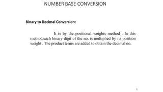 NUMBER BASE CONVERSION
6
Binary to Decimal Conversion:
It is by the positional weights method . In this
method,each binary digit of the no. is multiplied by its position
weight . The product terms are added to obtain the decimal no.
 