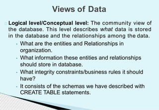 Logical level/Conceptual level: The community view of
the database. This level describes what data is stored
in the database and the relationships among the data.
• What are the entities and Relationships in
organization.
• What information these entities and relationships
should store in database.
• What integrity constraints/business rules it should
have?
• It consists of the schemas we have described with
CREATE TABLE statements.
Views of Data
 